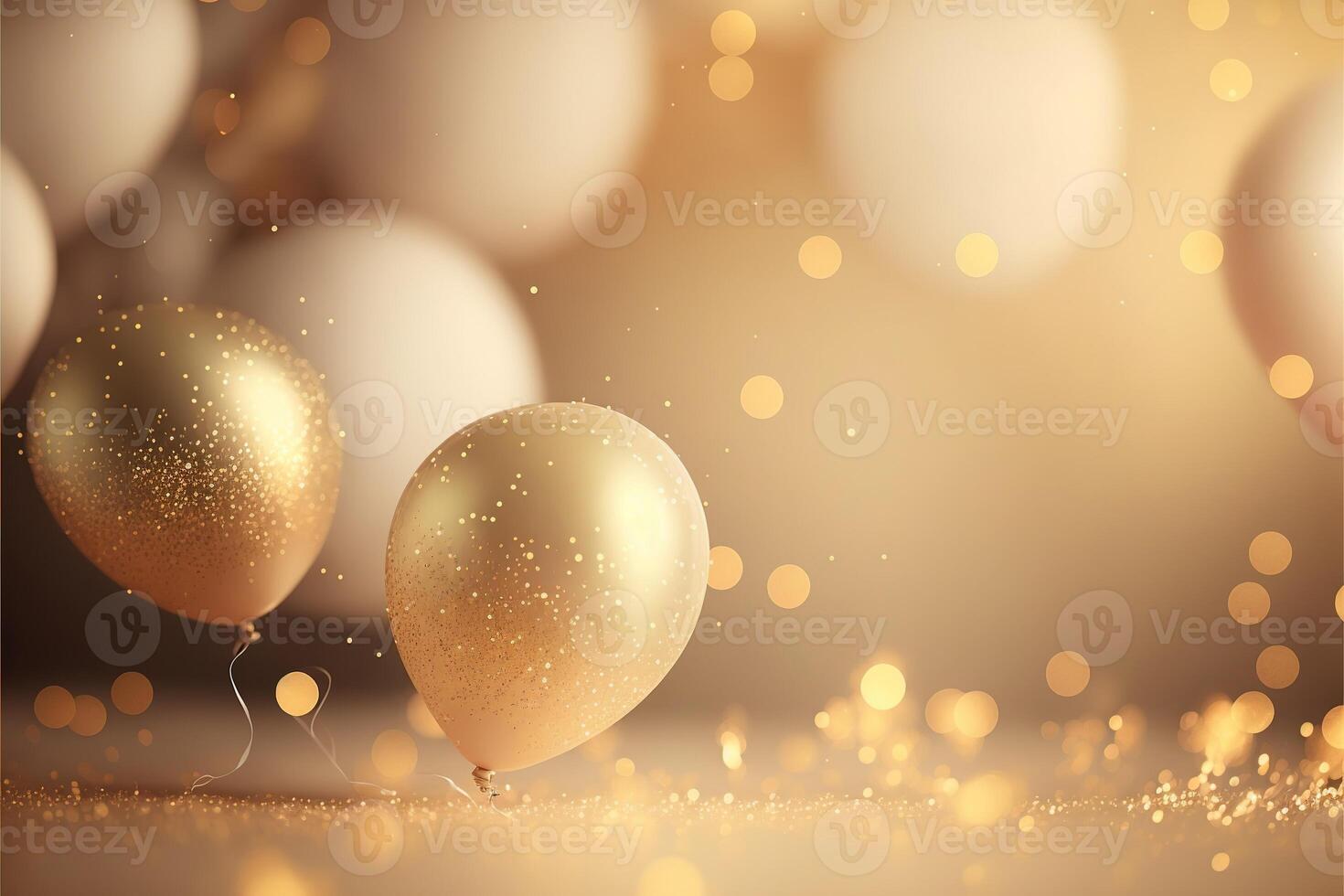 festlig lyx bakgrund med gyllene uppblåsbar ballonger, konfetti, suddig bakgrund med bokeh effekt. generativ ai foto
