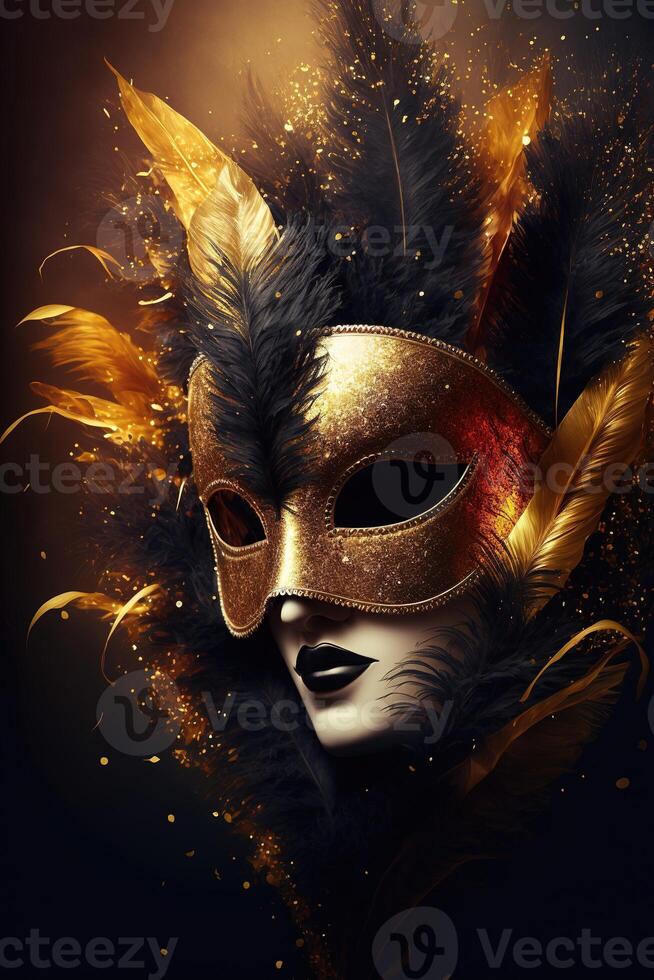 realistisk lyx karneval mask med gul fjädrar. abstrakt suddig bakgrund, guld damm, och ljus effekter. generativ ai foto