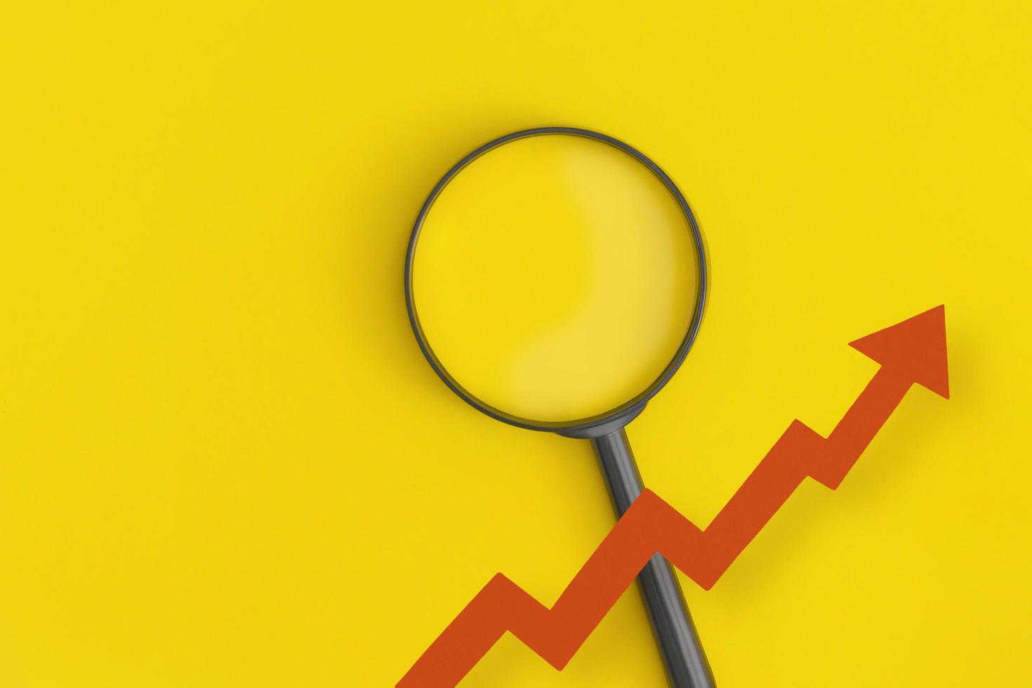 företag tillväxt begrepp. finansiell Rapportera med grafer, pil och förstoringsglas på gul bakgrund foto