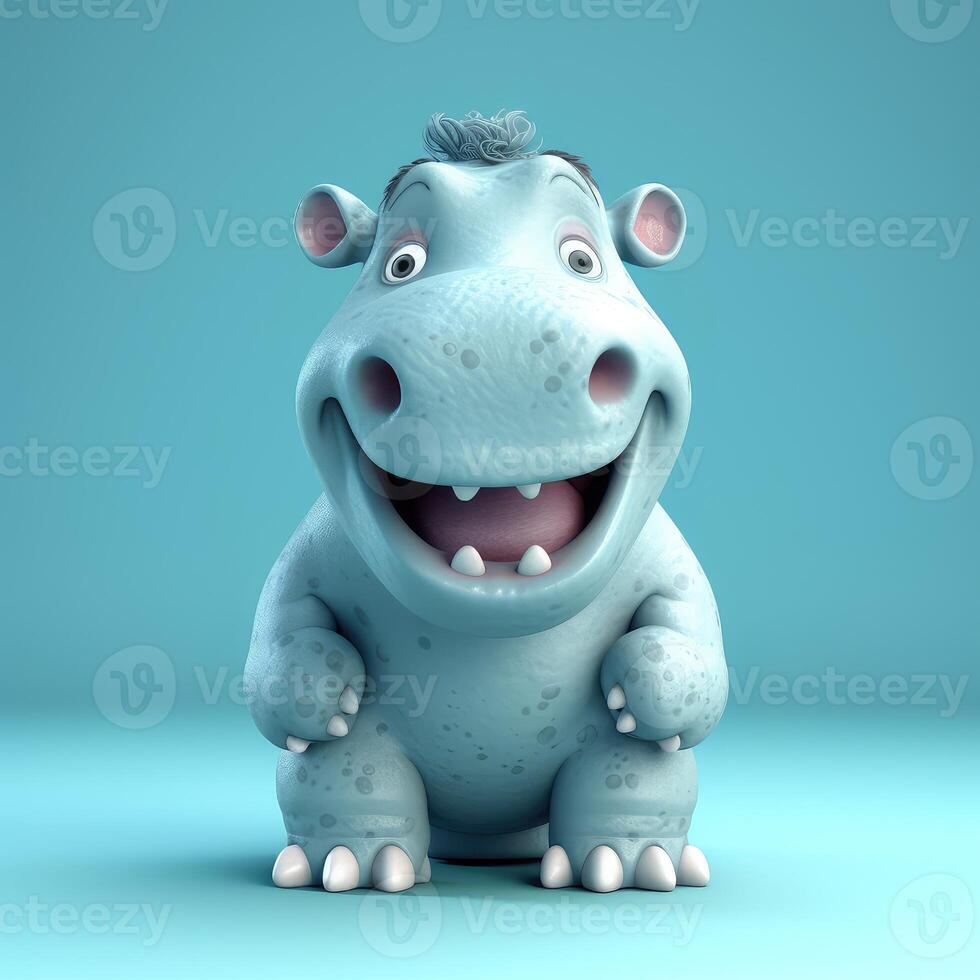 realistisk 3d tolkning av en Lycklig, fluffig och söt flodhäst leende med stor ögon ser hetero på du. skapas med generativ ai foto