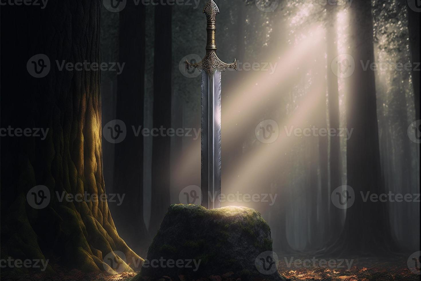 svärd excalibur fastnat i de sten i de mitten av de skog. digital illustration ai foto