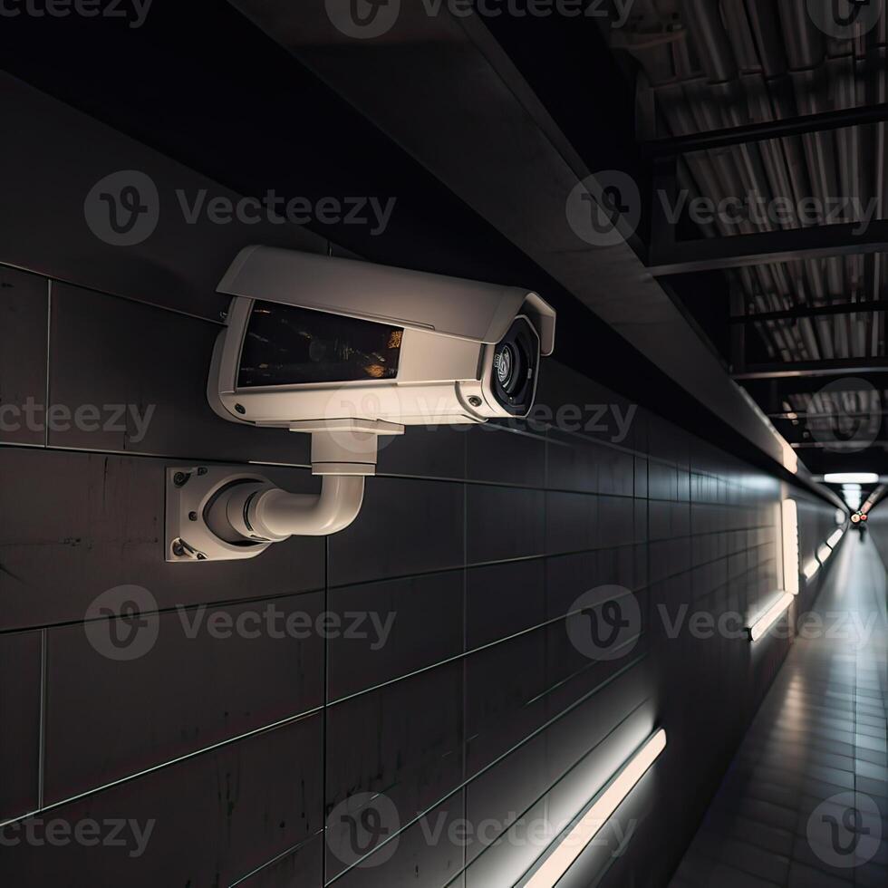 säkerhet, cCTV kameror i de kontor byggnad, och Hem säkerhet systemet begrepp med fläck bakgrund. utomhus- cCTV säkerhet kamera installerad på de byggnad vägg i de stad. generativ ai foto