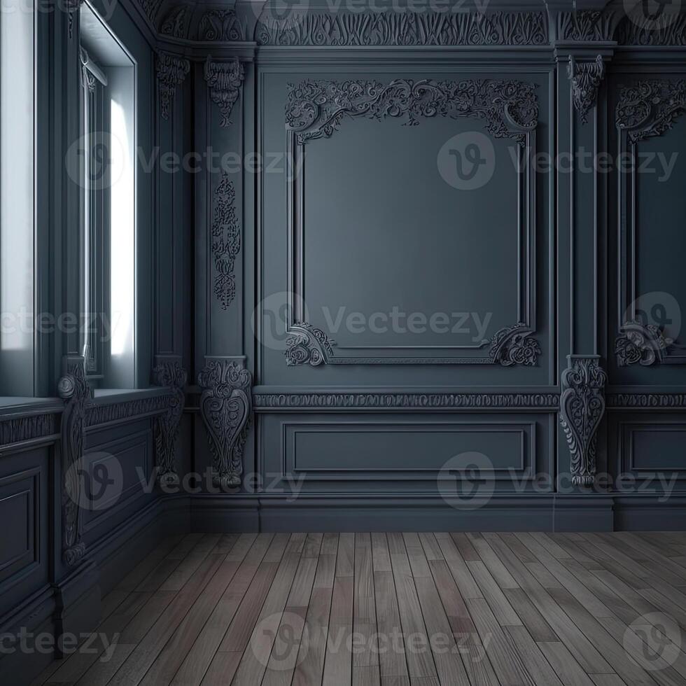 interiör mörk vägg med trä- formar och trä- träsnideri. gammal klassisk victorian interiör stil. generativ ai foto