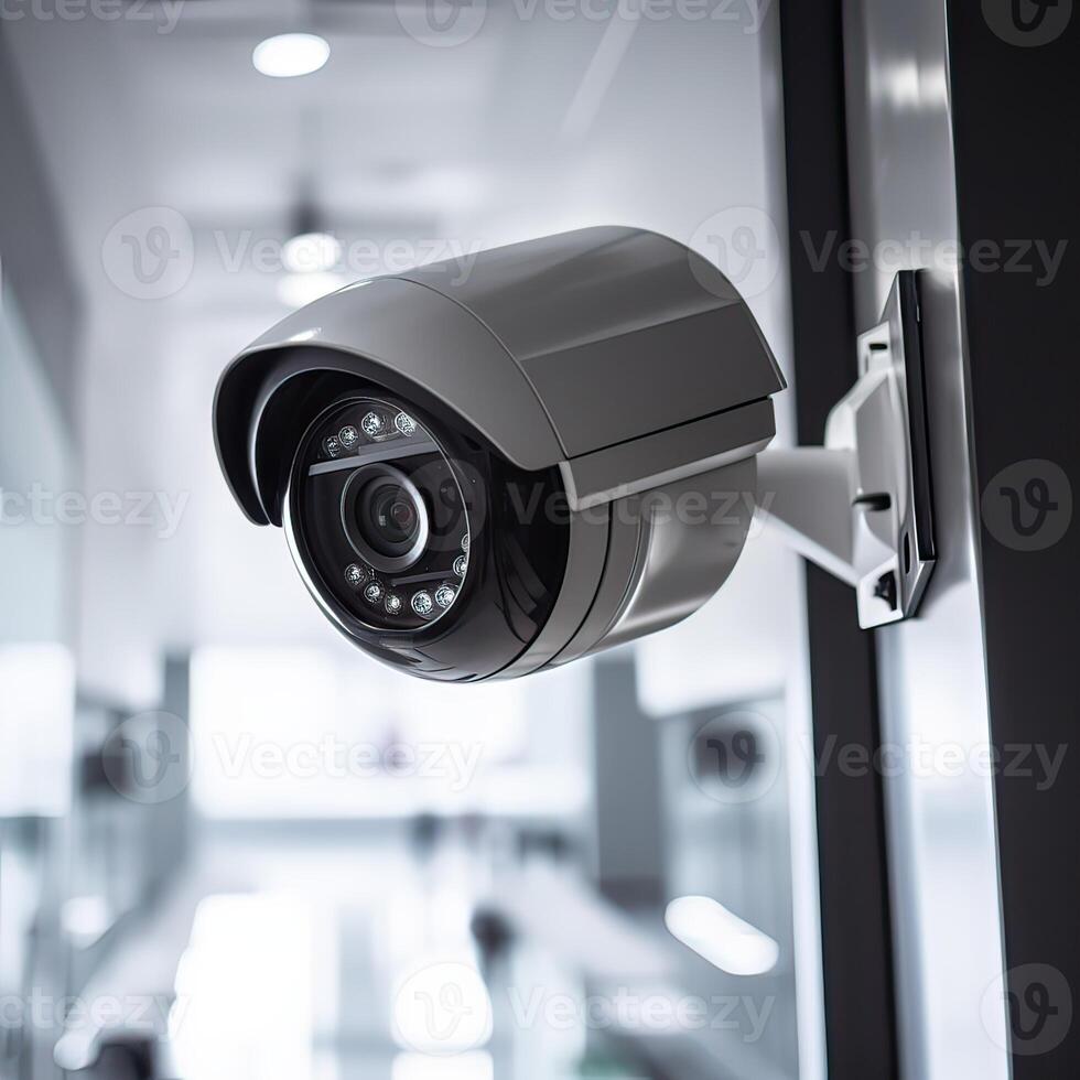 säkerhet, cCTV kameror i de kontor byggnad, och Hem säkerhet systemet begrepp med fläck bakgrund. utomhus- cCTV säkerhet kamera installerad på de byggnad vägg i de stad. generativ ai foto