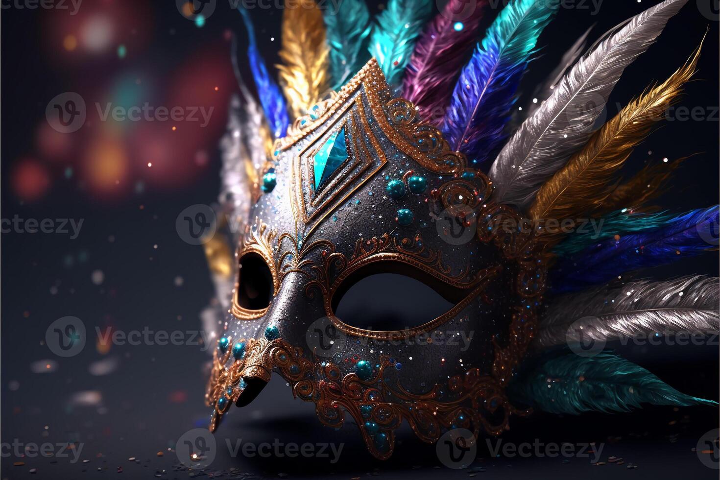 venetian karneval mask med fjädrar, generativ ai. foto