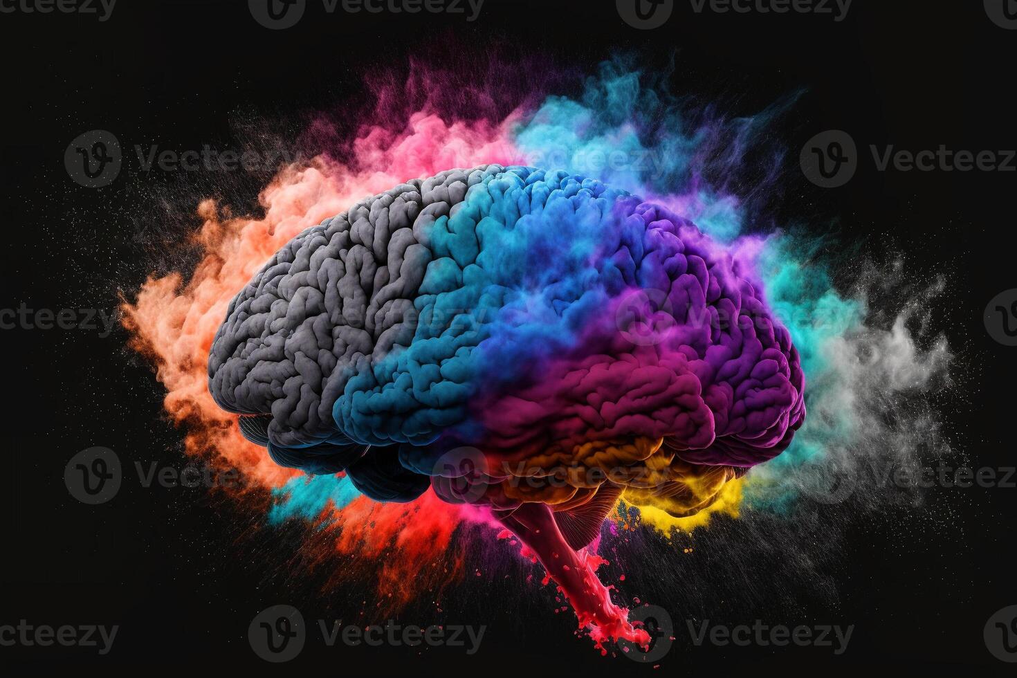 explosion av molnig, färgrik pulver. frysa rörelse av Färg pulver exploderar, på svart bakgrund, begrepp konst av en mänsklig hjärna exploderande med kunskap och kreativitet, generativ ai. foto