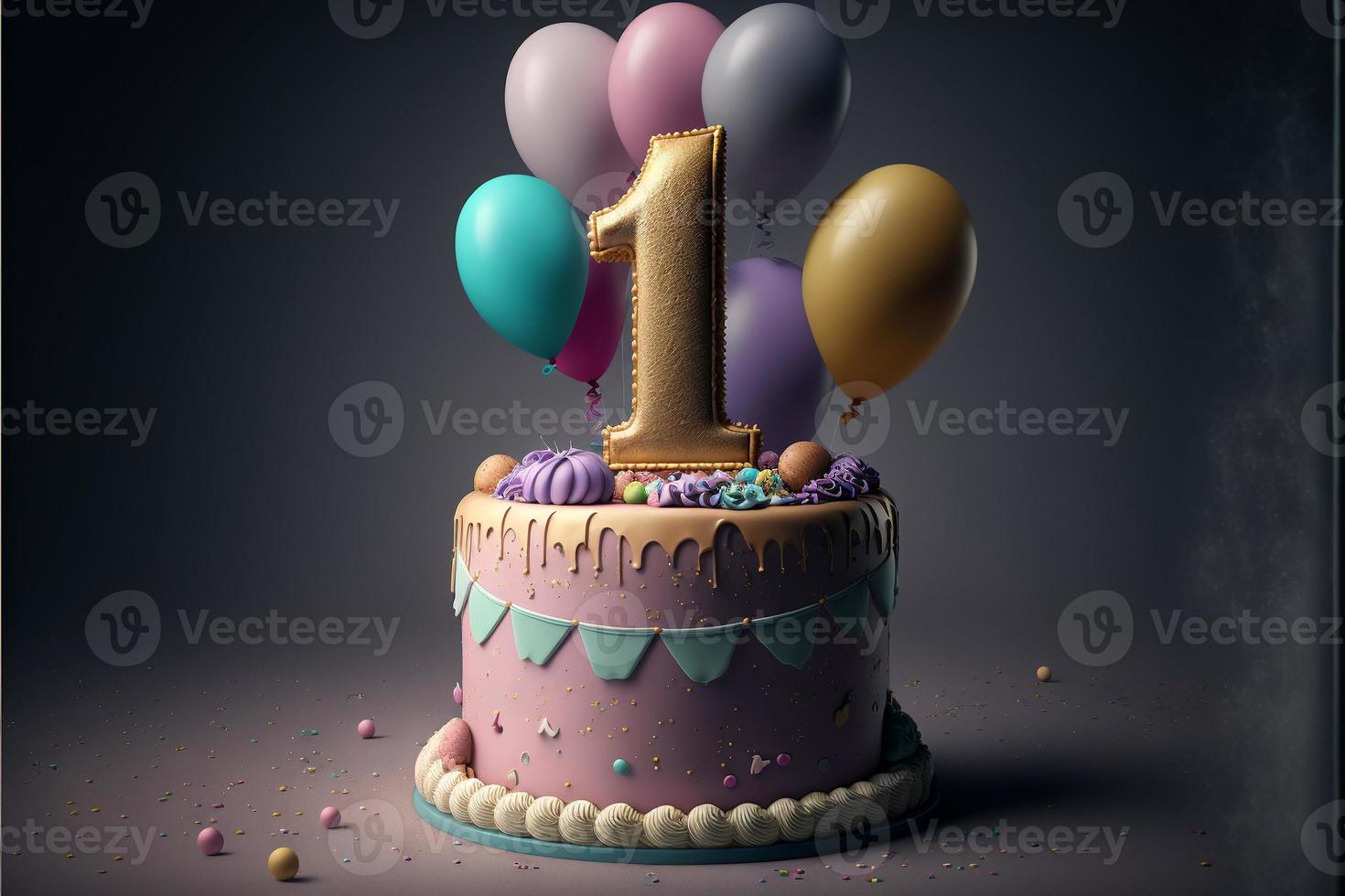 först födelsedag kaka, födelsedag kaka med siffra ett och ballong på topp foto