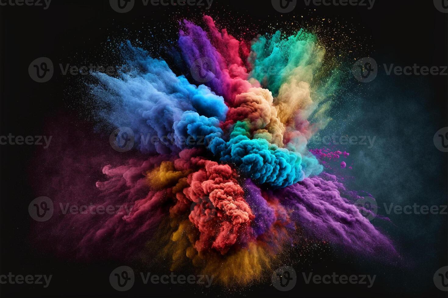 explosion av molnig, färgrik pulver. frysa rörelse av Färg pulver exploderar, på svart bakgrund, generativ ai. foto