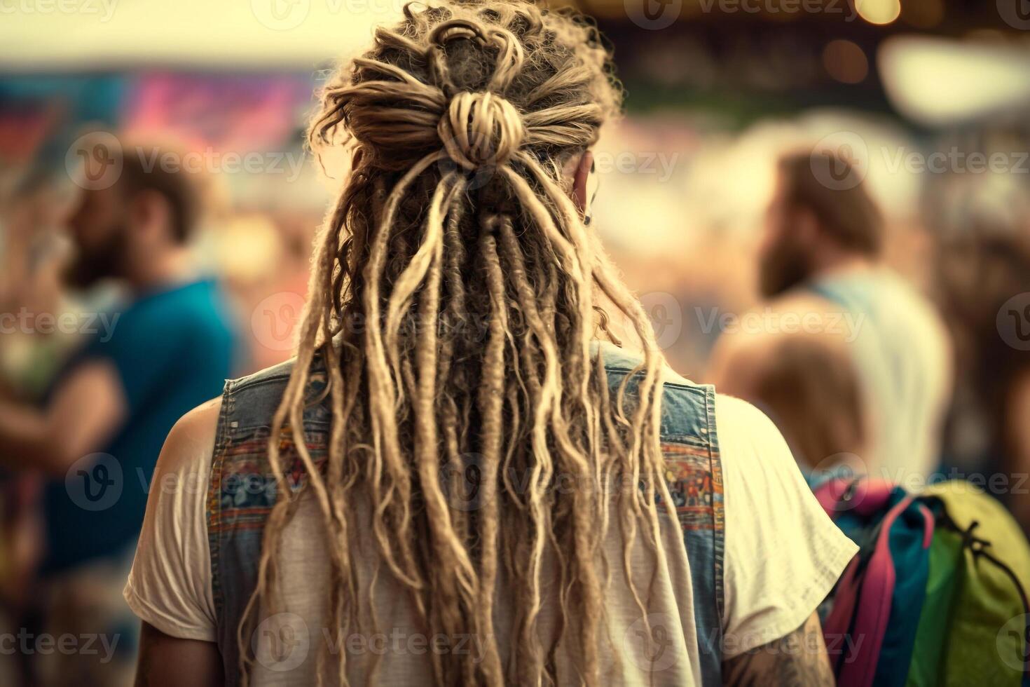 hippie man med dreadlocks i festival tillbaka se illustration generativ ai foto