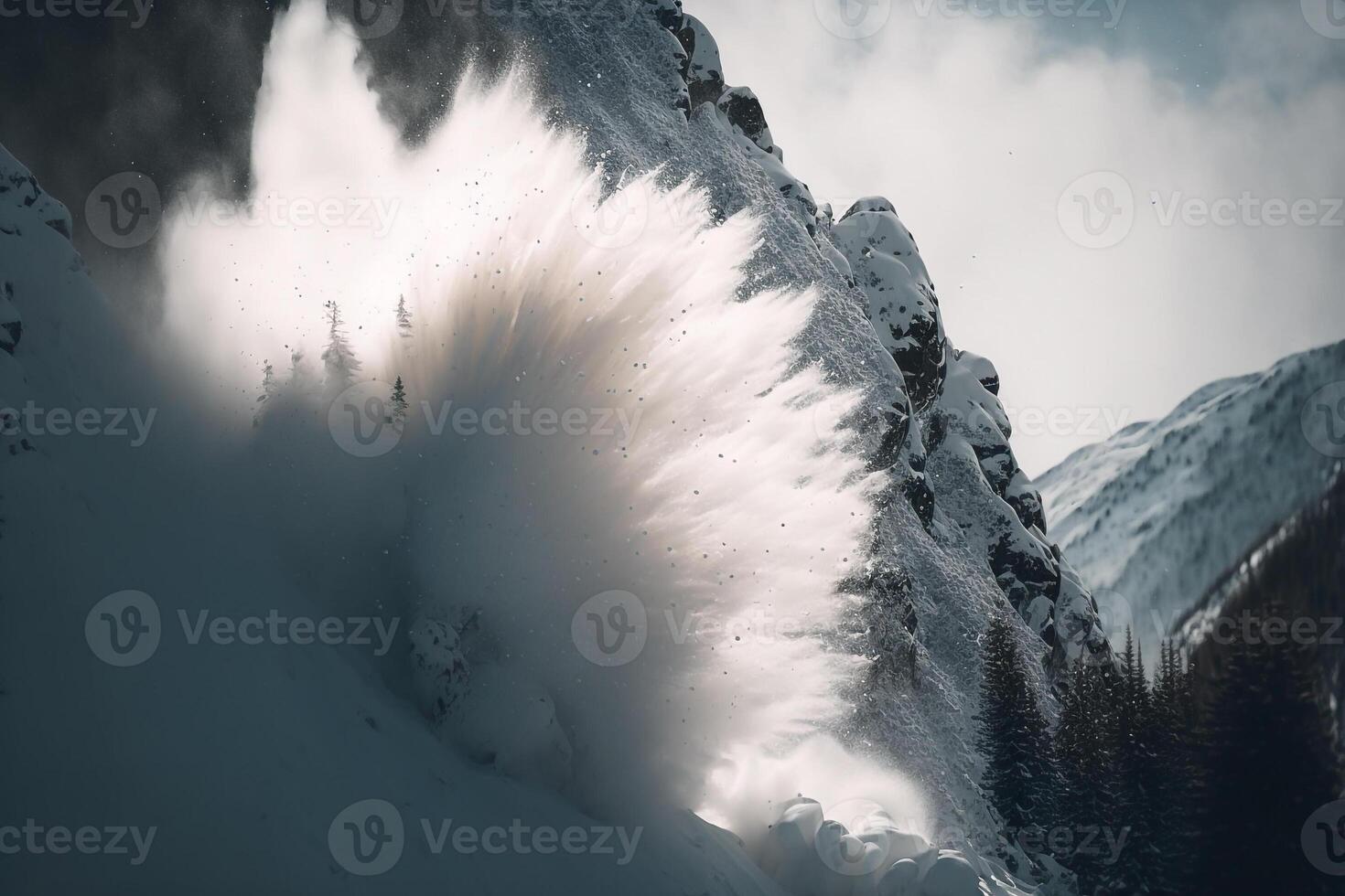 snö lavin kommande ner de berg generativ ai foto