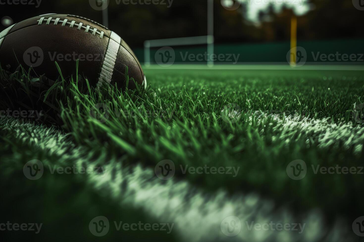 rugby boll på grön gräsmatta stadion generativ ai foto