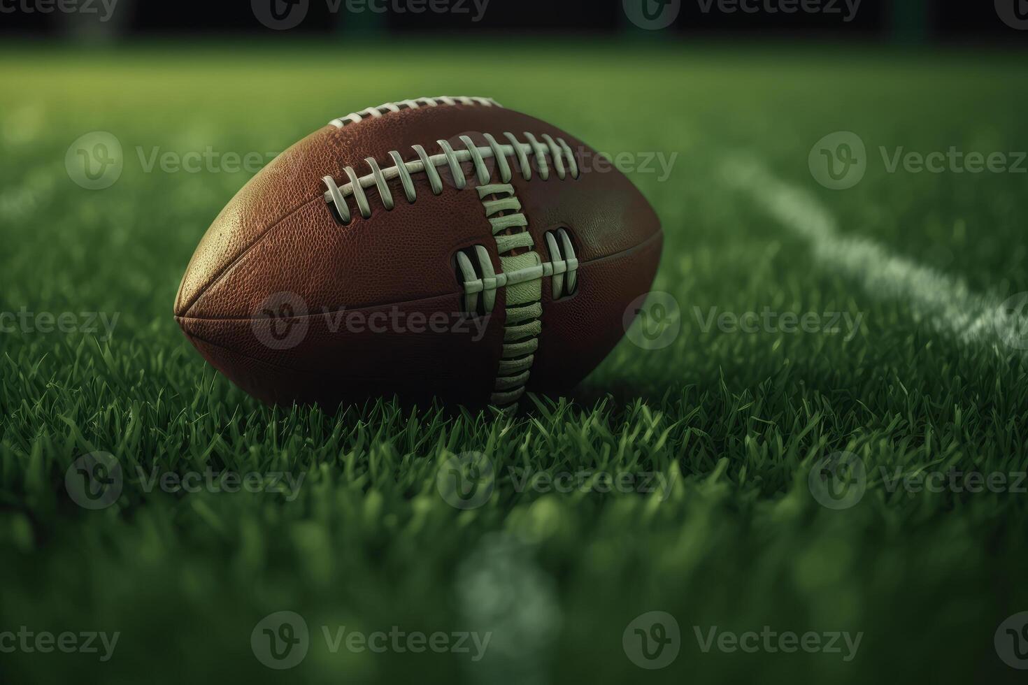 rugby boll på grön gräsmatta stadion generativ ai foto