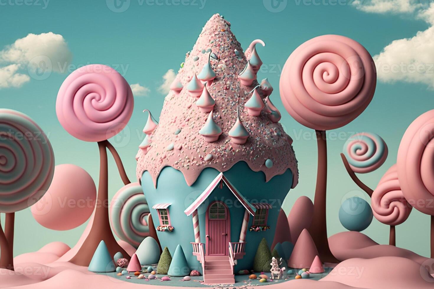 rosa godis tecknad serie hus illustration generativ ai foto