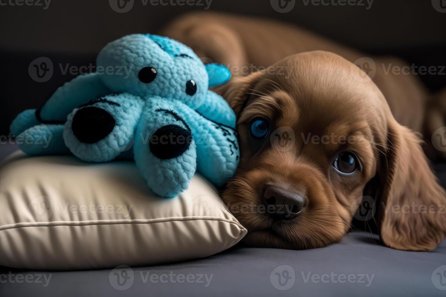 hund sällskapsdjur vilar med en leksak bläckfisk på de säng generativ ai foto