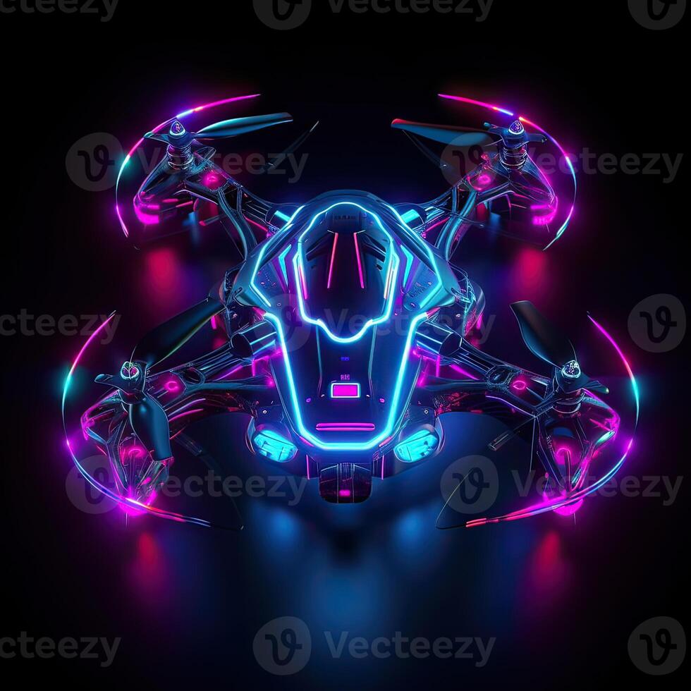 neon Drönare med kamera. neon Drönare Färg. illustration av en quadrocopter bestående av neon konturer, med bakgrundsbelysning på de mörk bakgrund. generativ ai. foto