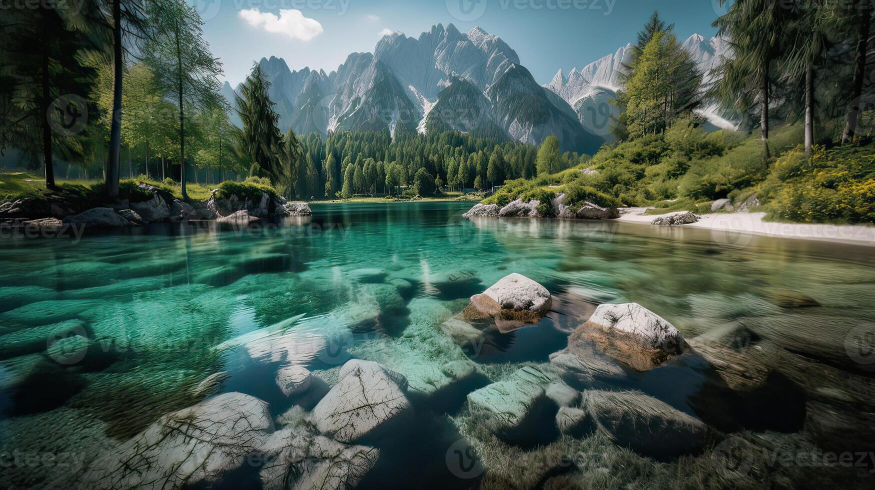 fantastisk berg sjö i triglav nationell parkera. belägen i de bohinj dal av de julian alperna. dramatisk ovanlig scen. Slovenien, Europa. skönhet värld. generativ ai. foto