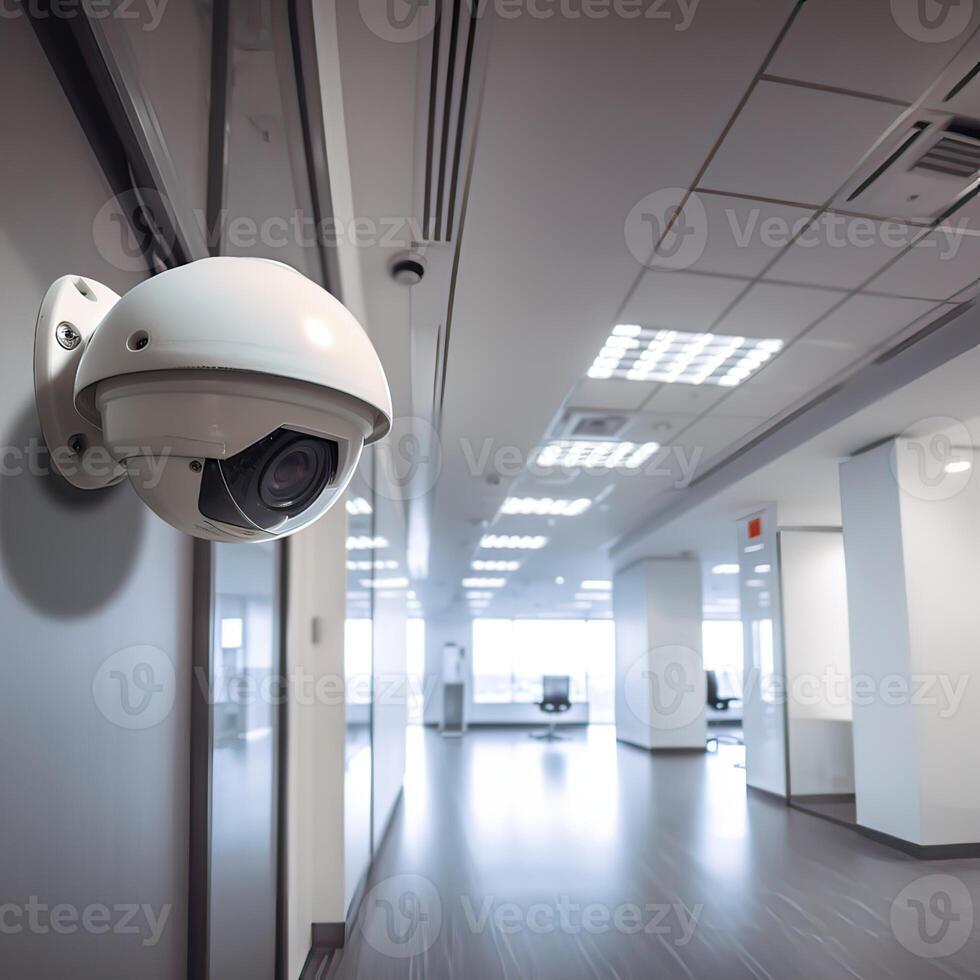 säkerhet, cCTV kameror i de kontor byggnad, och Hem säkerhet systemet begrepp med fläck bakgrund. utomhus- cCTV säkerhet kamera installerad på de byggnad vägg i de stad. generativ ai foto