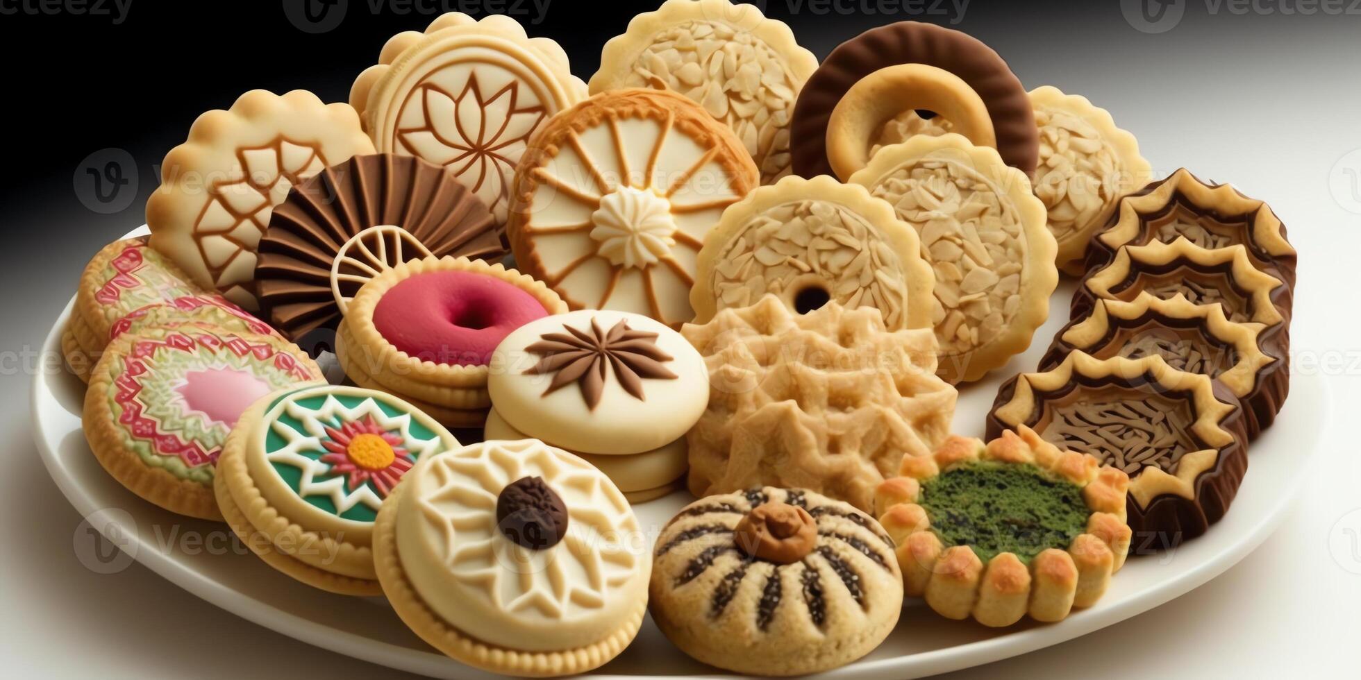 olika kakor, olika former av socker kaka för fest maträtter, ai genererad foto