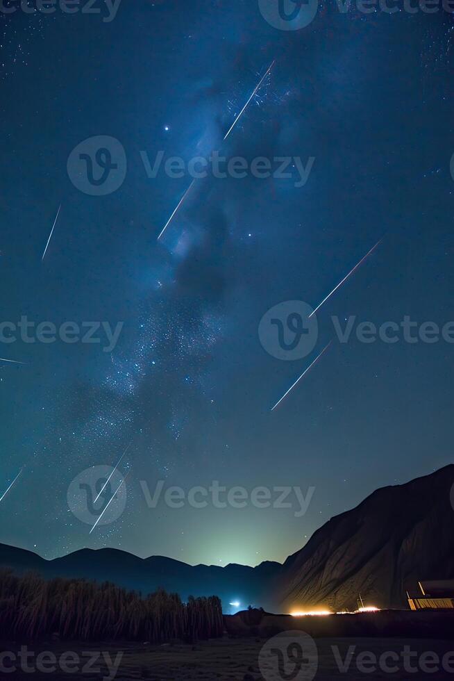 meteorit i de himmel. en ljus meteor mot de bakgrund av stjärnor. en skön faller stjärna. generativ ai. foto