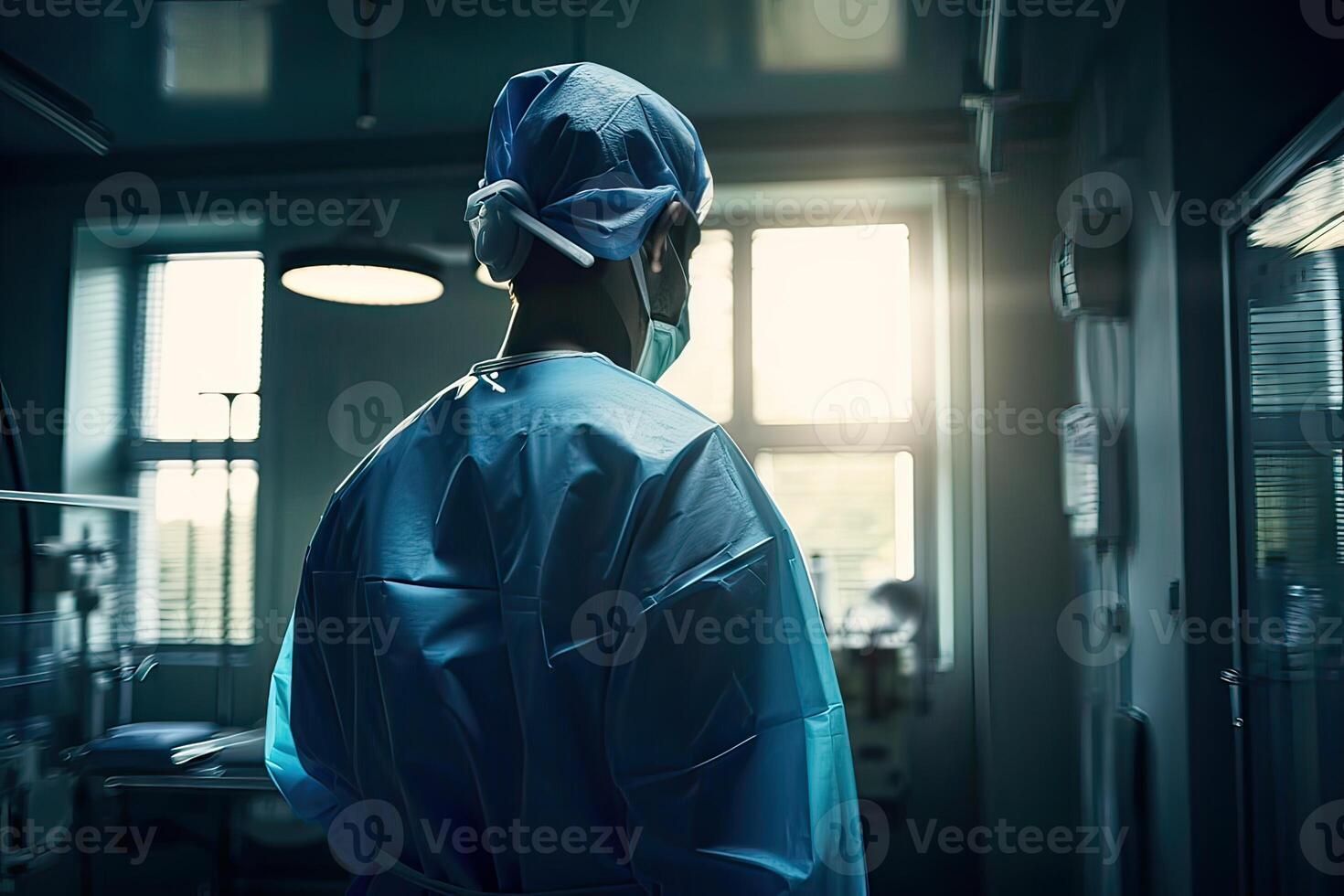 halv kropp tillbaka se av en hälsa vård arbetstagare stående i en sjukhus. obefintlig person. generativ ai. foto