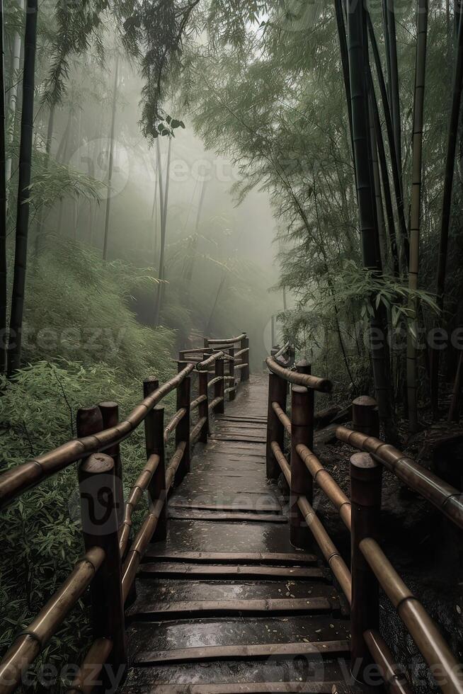 landskap av bambu skog i vår omgiven förbi tystnad. väg till bambu skog. generativ ai. foto