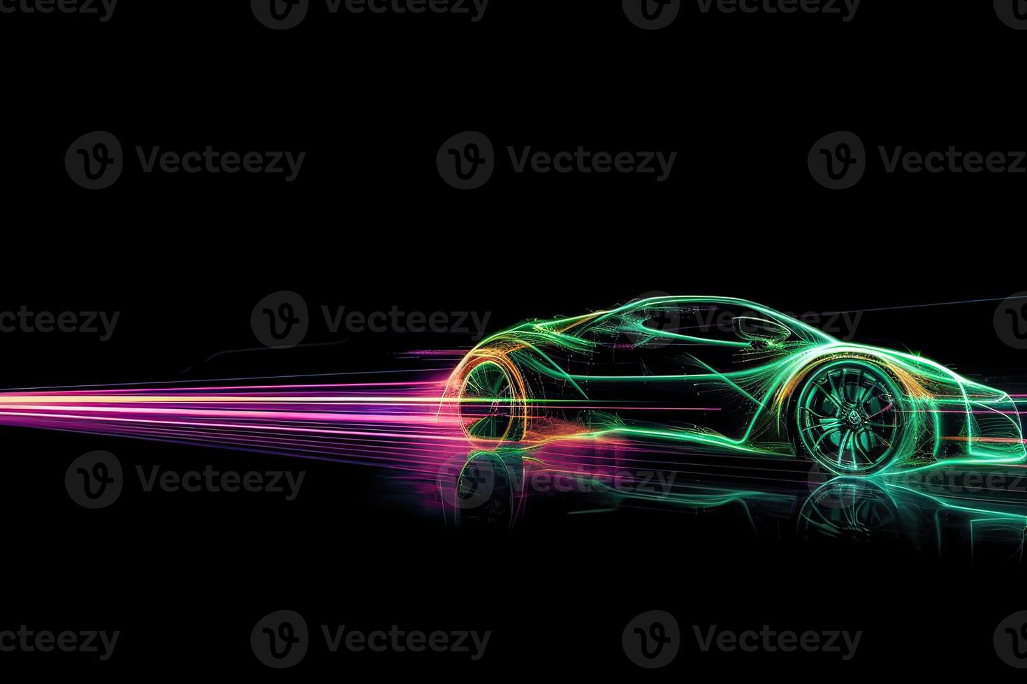 trogen sporter bil på neon motorväg. kraftfull acceleration av en superbil på en natt Spår med färgrik lampor och stigar. 3d illustration. generativ ai. foto