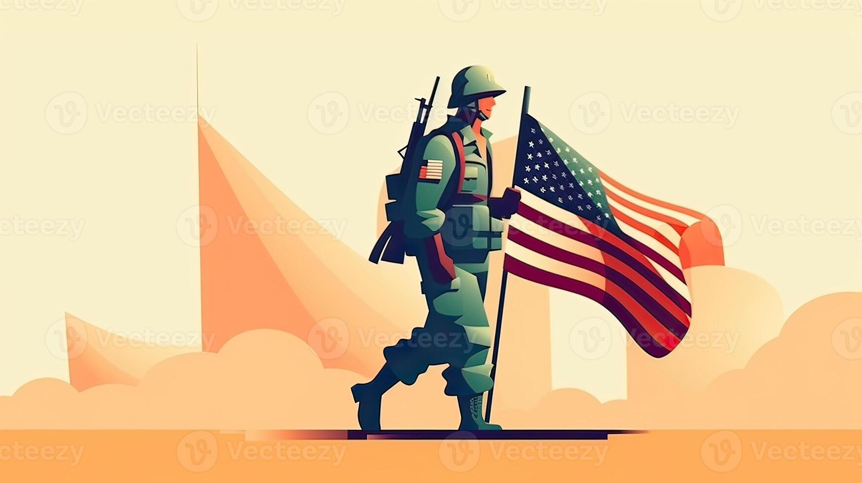 llustration av USA armén soldat med nation flagga. hälsning kort för veteraner dag , minnesmärke dag, oberoende dag . Amerika firande. generativ ai. foto