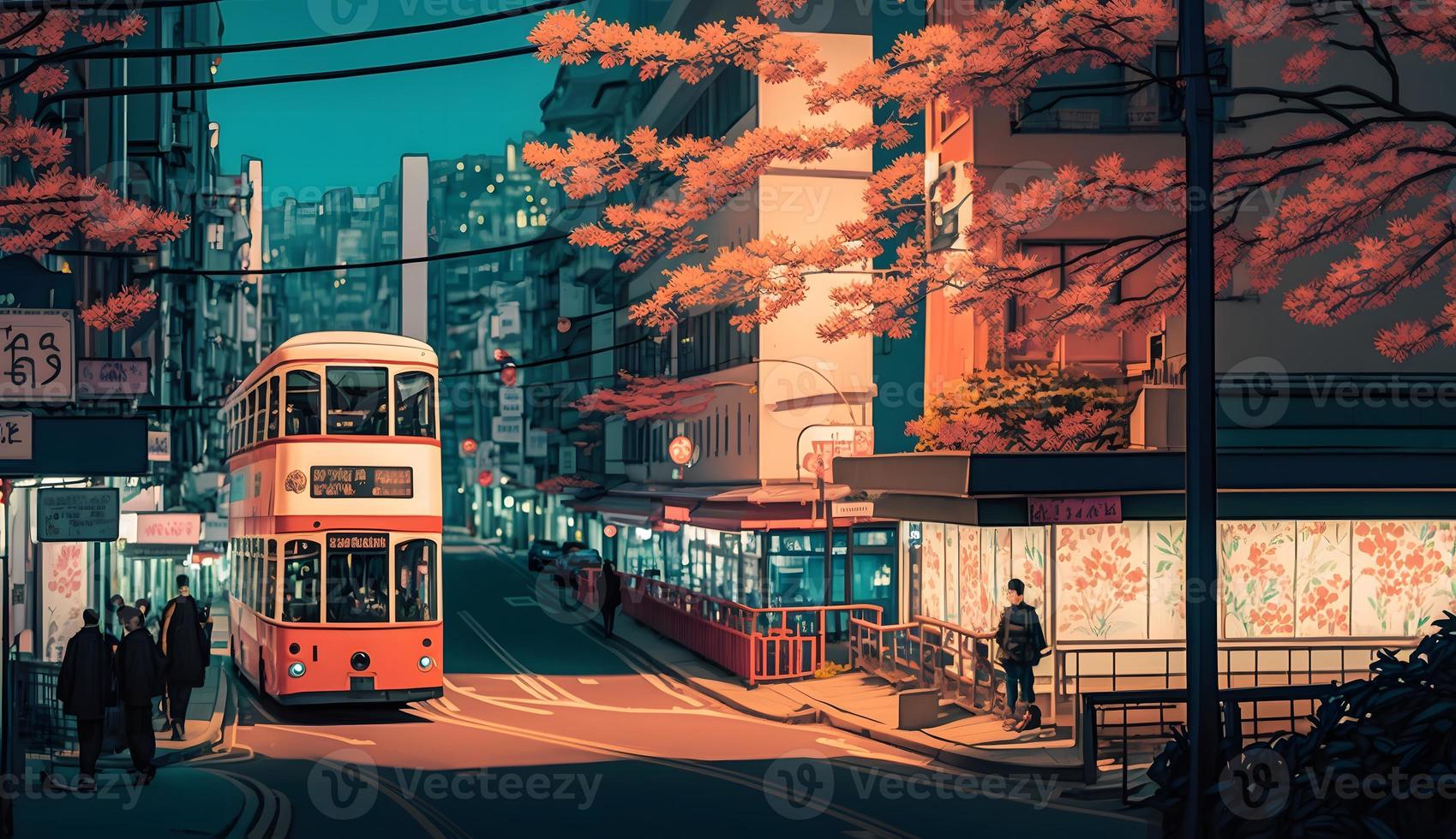 en dubbel- däck buss är gående till de station i en japansk stad. foto
