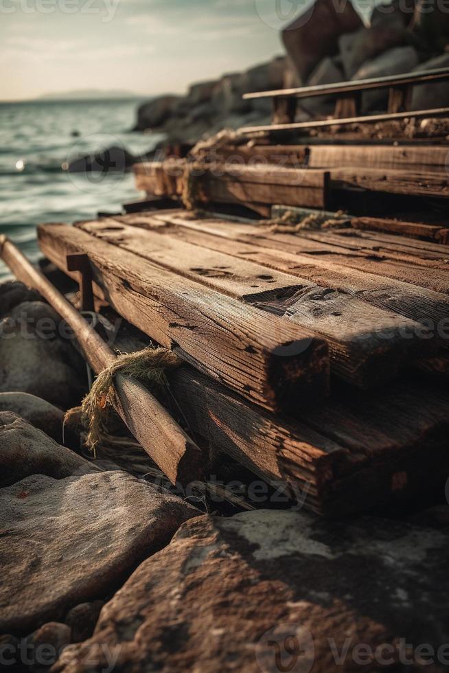 gammal trä- pir på de strand på solnedgång. selektiv fokus foto
