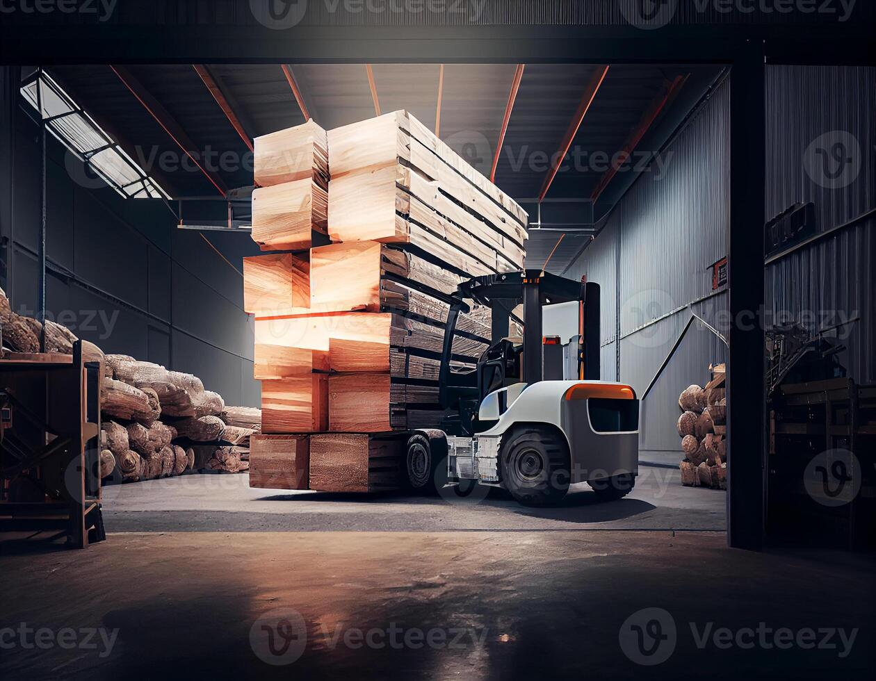 gaffeltruck tecknad serie stil Centrum av logistisk lagring med trä- lager industriell arbetssätt lagring material.generativ ai foto