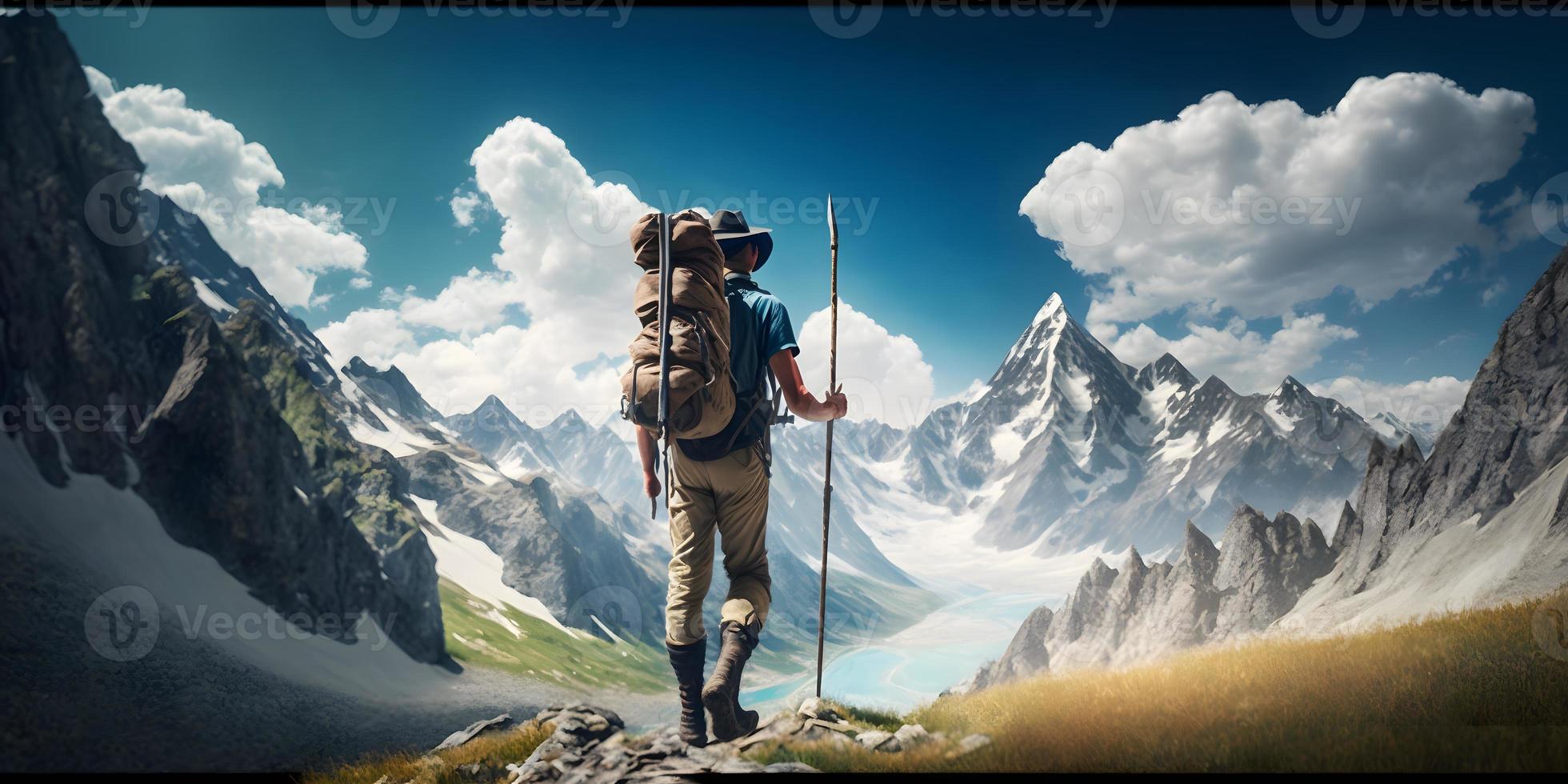 en man med en ryggsäck står på en berg topp ser på de bergen foto