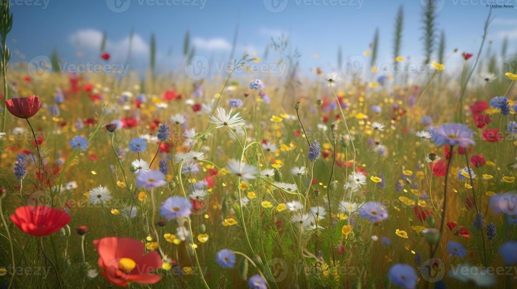 färgrik blommor i en äng på en solig sommar dag, vackert äng med vallmo och Övrig vild foto