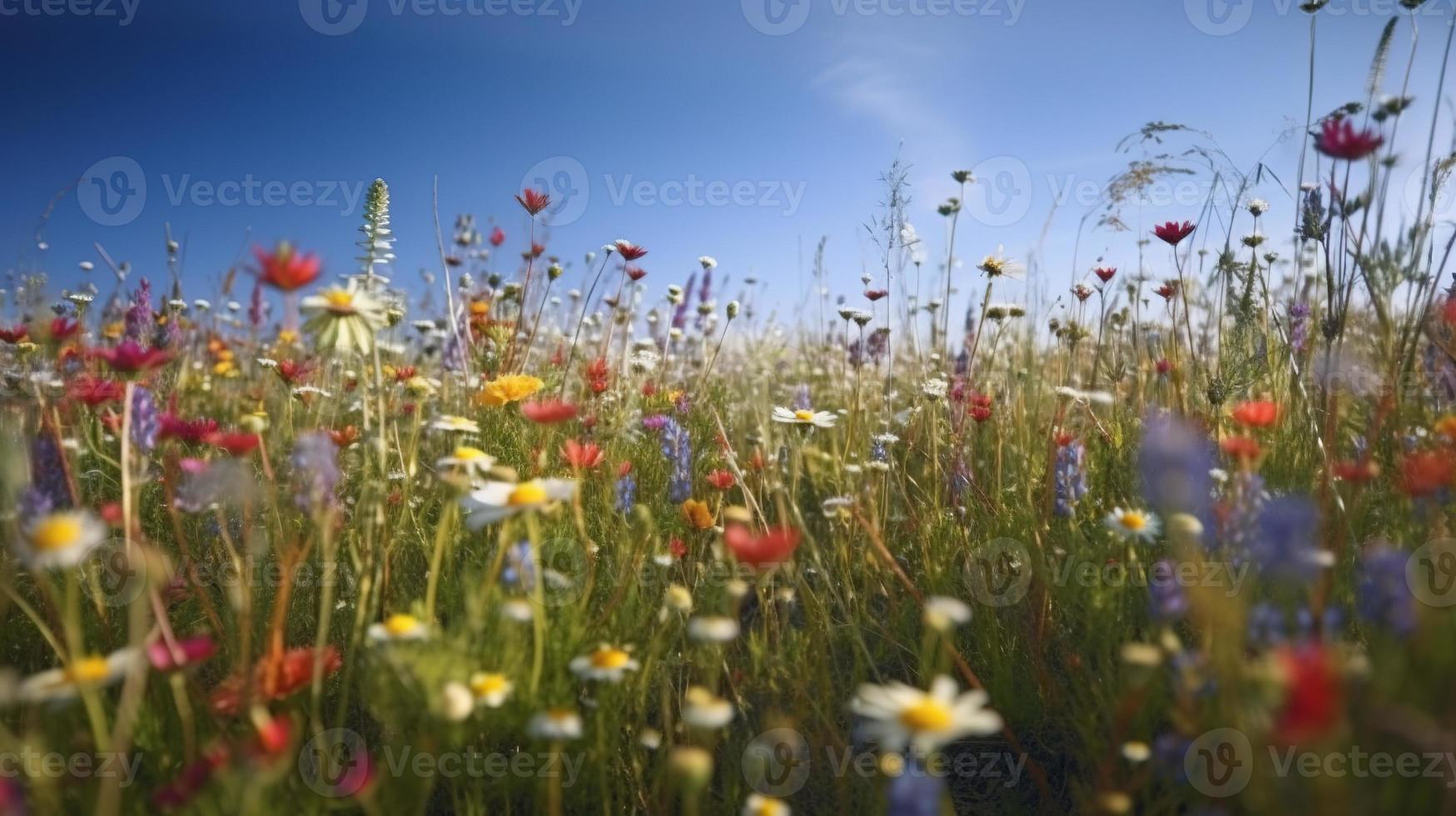 färgrik blommor i en äng på en solig sommar dag, vackert äng med vallmo och Övrig vild foto