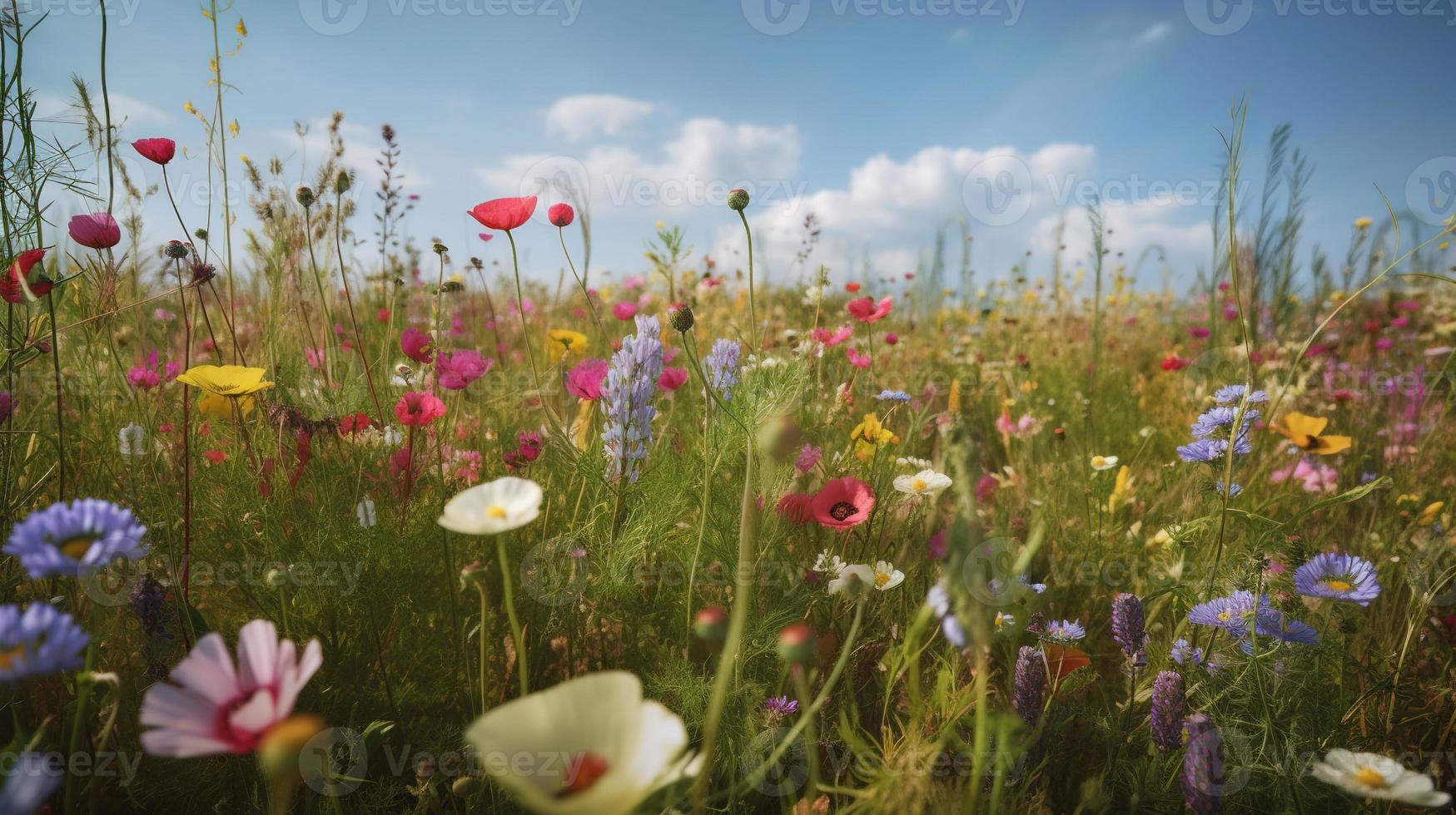 färgrik blommor i en äng på en solig sommar dag, vackert äng med vallmo och Övrig vild foto