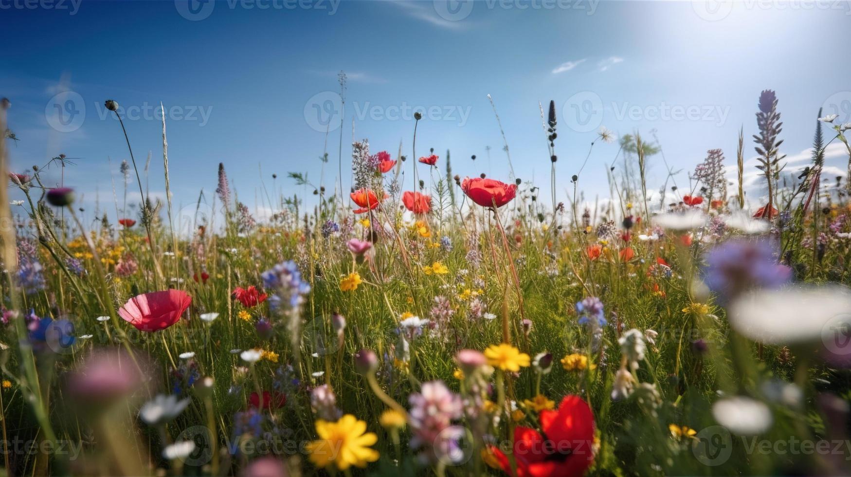 färgrik blommor i en äng på en solig sommar dag, vackert äng med vallmo och Övrig vild foto