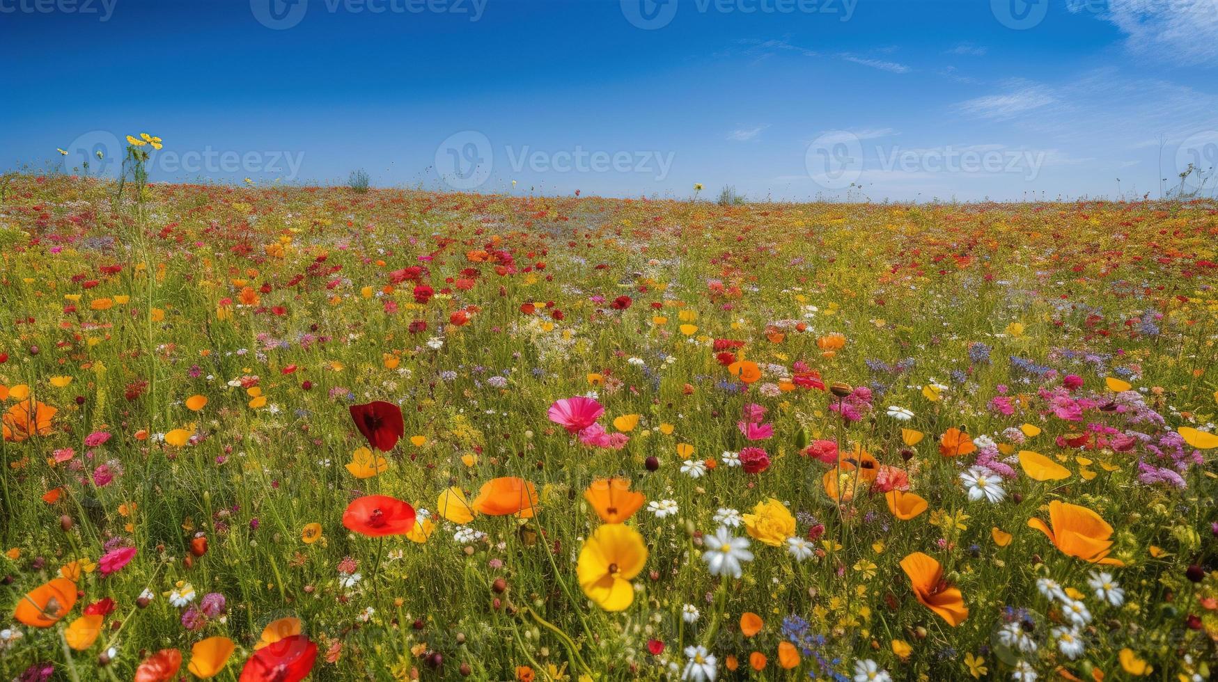 färgrik blommor i en äng på en solig sommar dag, vackert äng med vallmo och Övrig vild foto