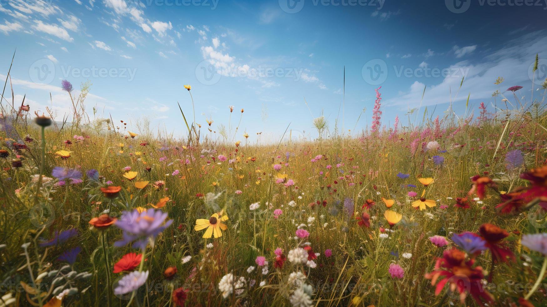 färgrik blommor i en äng på en solig sommar dag, vackert äng med vallmo och Övrig vild foto