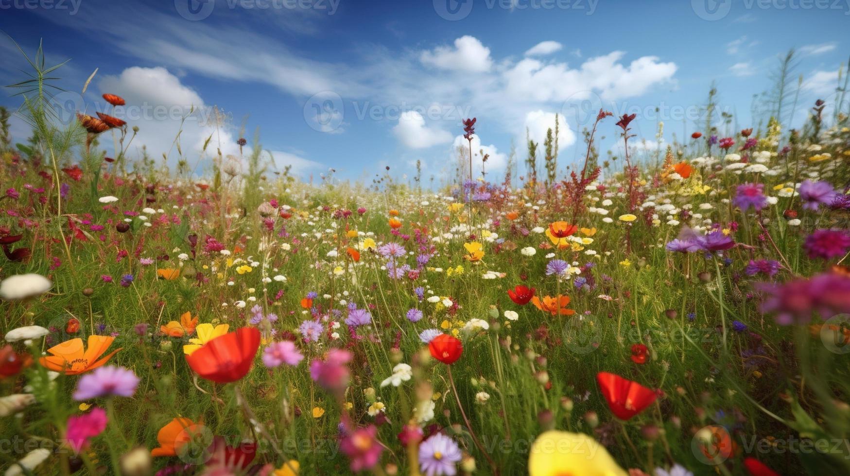 färgrik blommor i en äng på en solig sommar dag, vackert äng med vallmo och Övrig vild foto