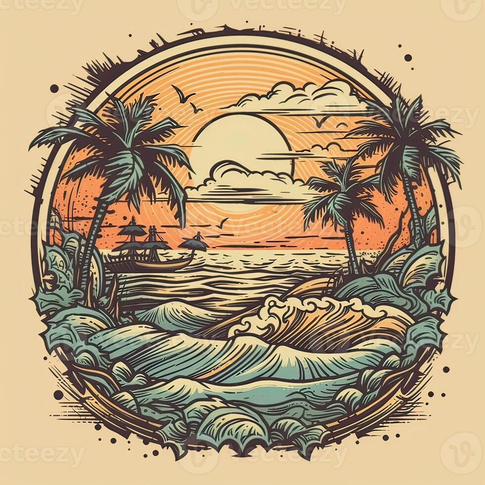 illustration av tropisk landskap med handflatan träd, hav och berg. tecknad serie platt panorama- landskap, solnedgång med de palmer konst retro stil illustration. generativ ai. foto