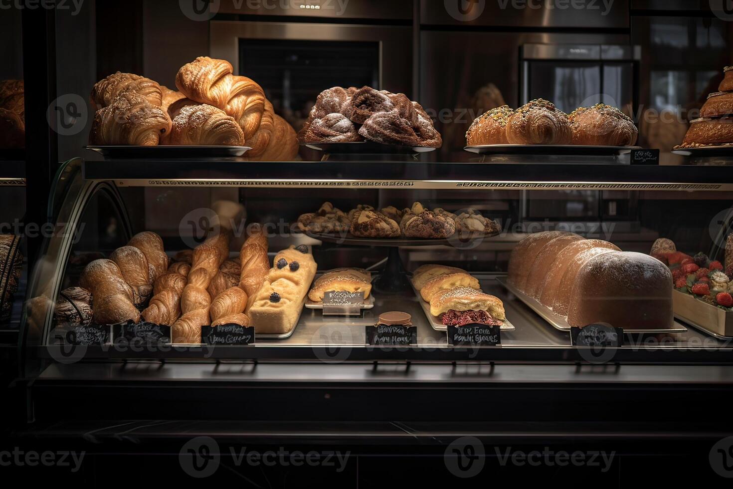 bageri interiör med visa räknare full av härlig bröd och bakverk. affär en konditori eller bageri med croissanter, äpple pajer, våfflor, och churros. nyligen bakad bakverk. generativ ai foto