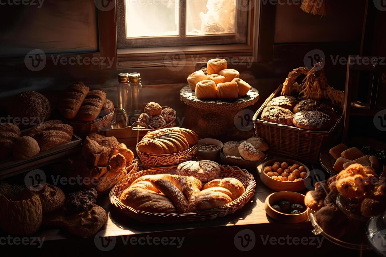 bageri interiör med visa räknare full av härlig bröd och bakverk. affär en konditori eller bageri med croissanter, äpple pajer, våfflor, och churros. nyligen bakad bakverk. generativ ai foto