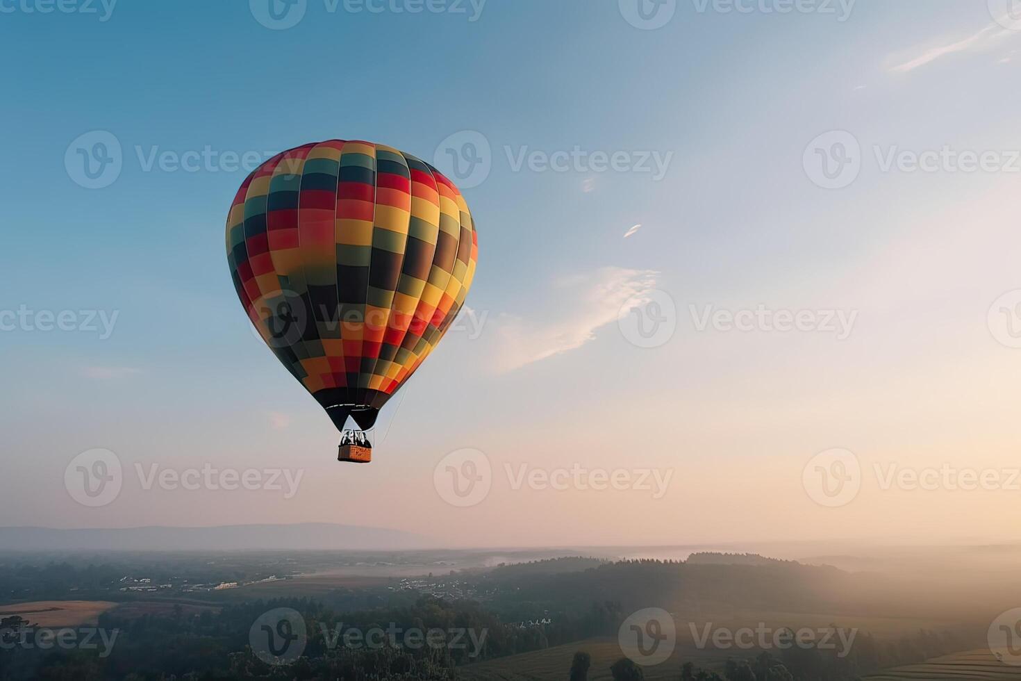 färgrik varm luft ballong flygande på himmel på solnedgång. resa och luft transport begrepp. generativ ai. foto