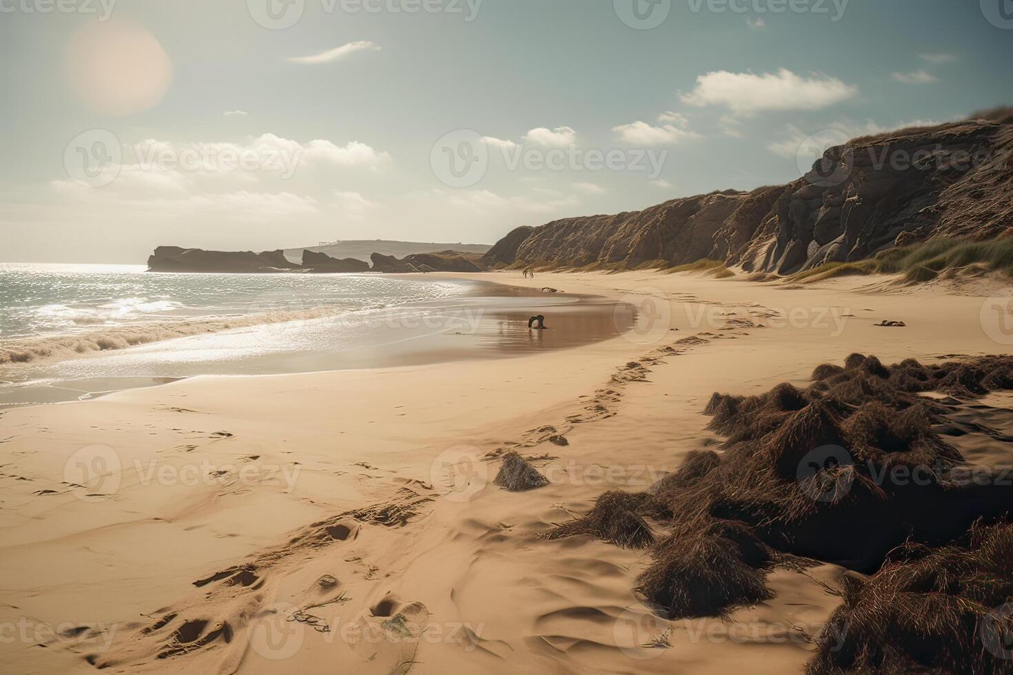 Fantastisk strand med ändlös horisont och spår på de sand. generativ ai. foto