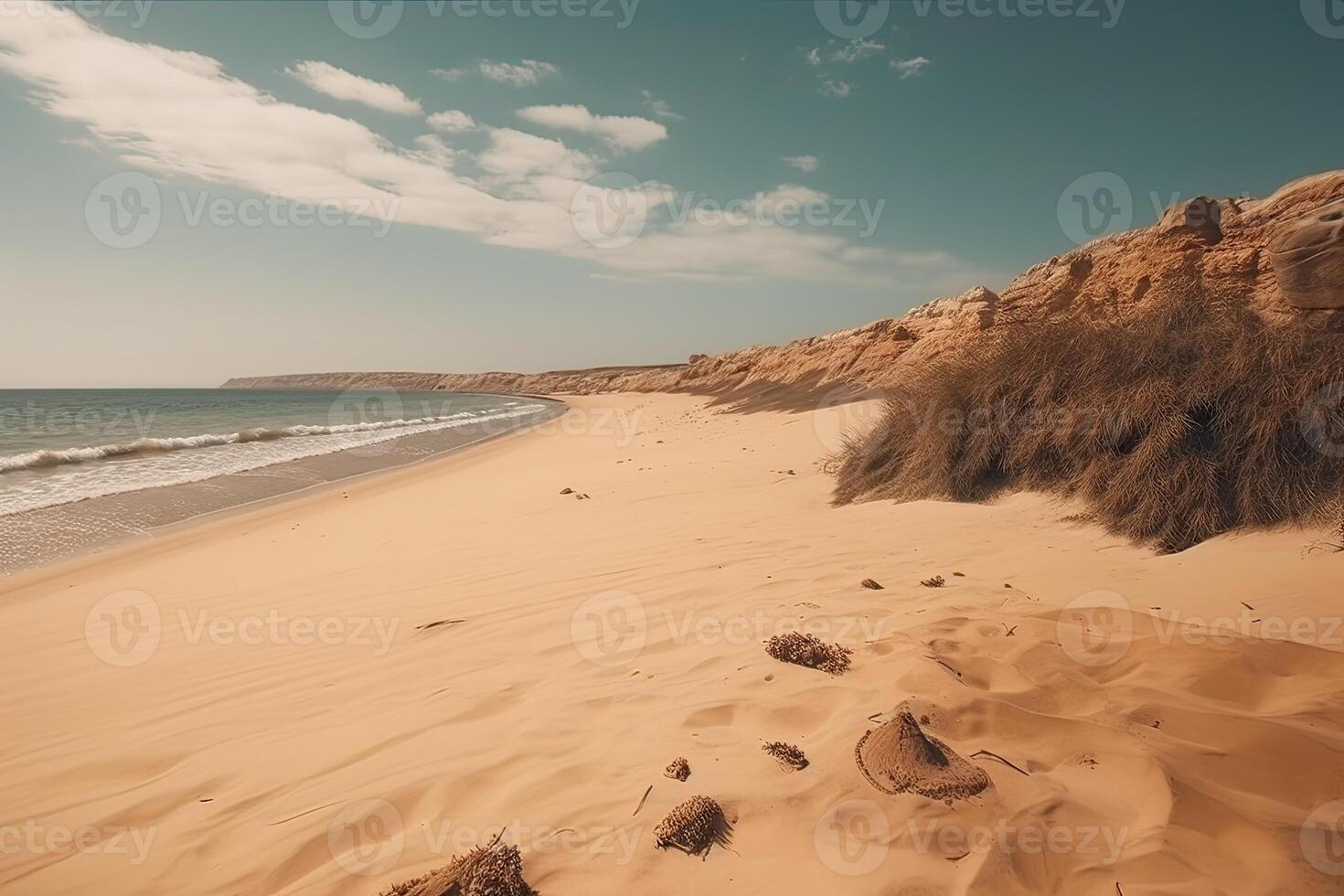 Fantastisk strand med ändlös horisont och spår på de sand. generativ ai. foto