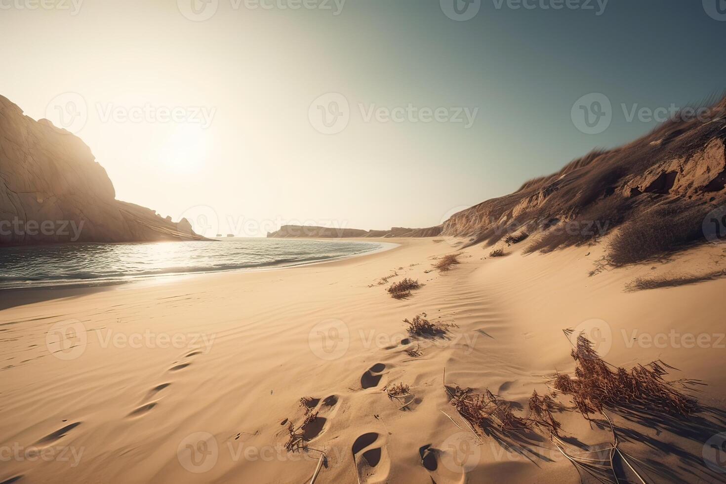 Fantastisk strand med ändlös horisont och spår på de sand. generativ ai. foto