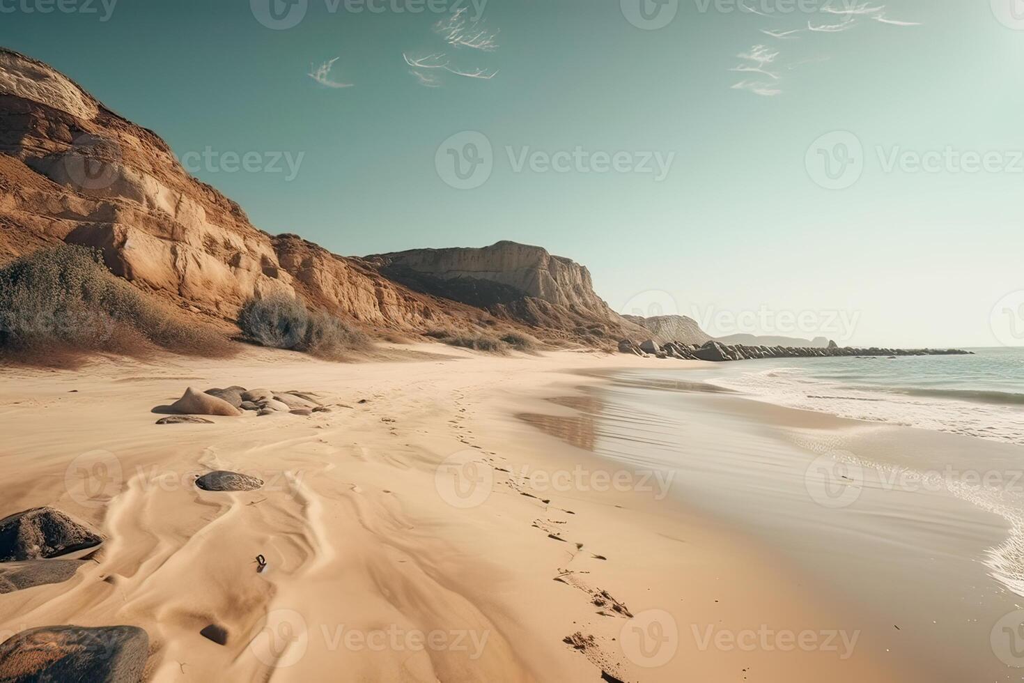 Fantastisk strand med ändlös horisont och spår på de sand. generativ ai. foto