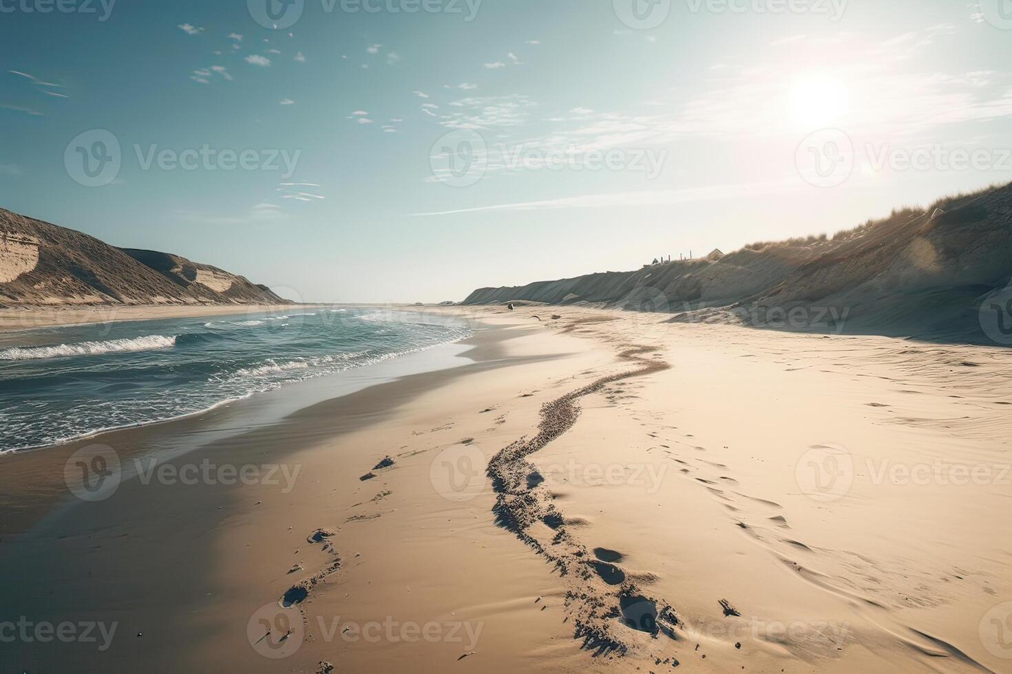 Fantastisk strand med ändlös horisont och spår på de sand. generativ ai. foto