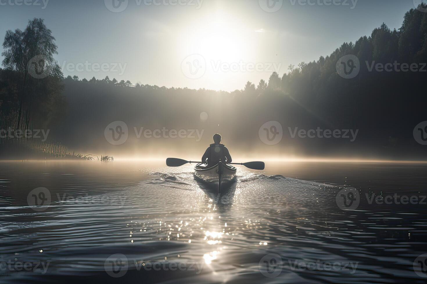 bak- se av kayaker man paddla kajak på solnedgång hav. Kajakpaddling, paddla kanot, paddling. generativ ai. foto