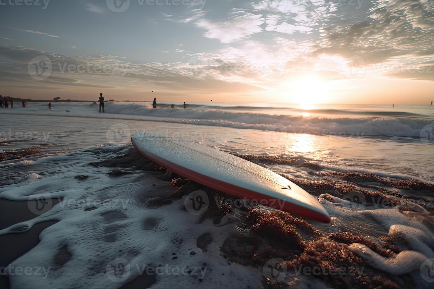 surfingbräda på de strand med strand tecken för surfing område. resa äventyr och vatten sport. avslappning och sommar semester begrepp. årgång Färg tona bild. generativ ai foto