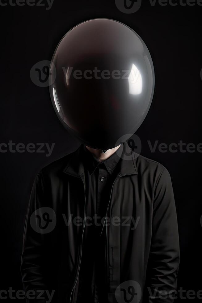 en man gods en svart skjorta omslag hans ansikte med en svart ballong. dölja från problem. generativ ai. foto
